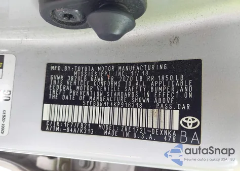 2019 Toyota Corolla Le from USA, damaged, VIN 5YFBURHE4KP916318